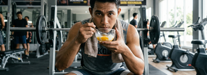 Seorang lelaki sedang makan telur mentah